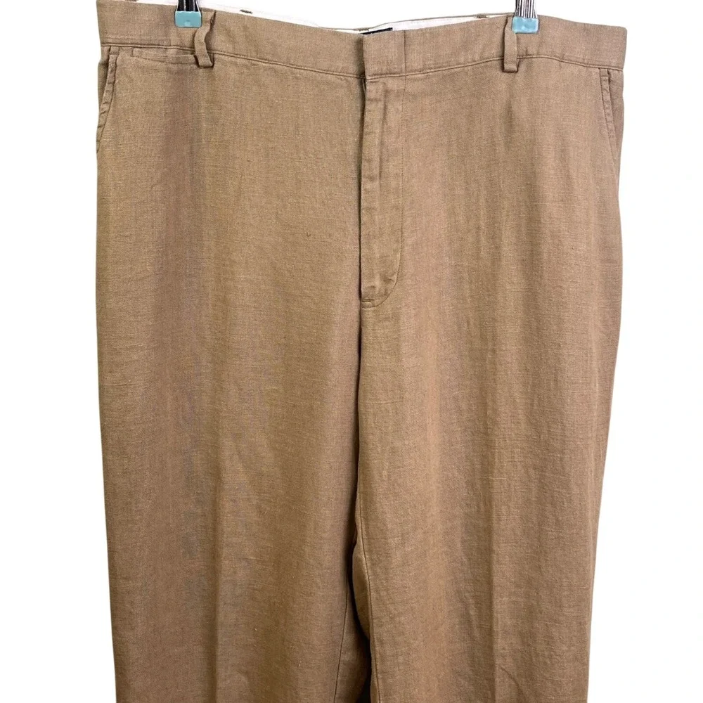 VTG Polo By Ralph Lauren 100% Linen Camel Flat Front Trousers 38x30 Preppy Men's